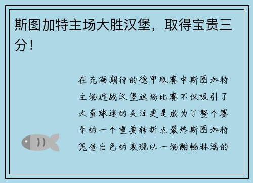 斯图加特主场大胜汉堡，取得宝贵三分！