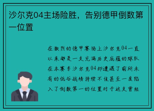 沙尔克04主场险胜，告别德甲倒数第一位置