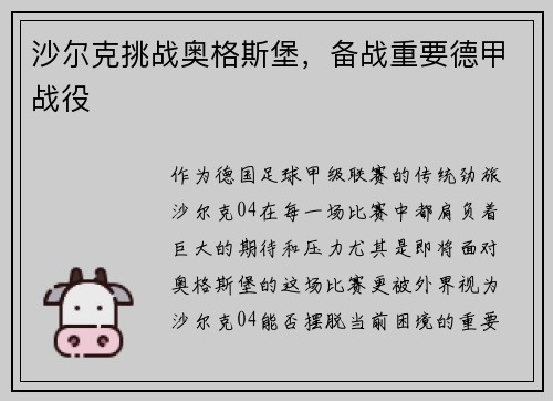 沙尔克挑战奥格斯堡，备战重要德甲战役